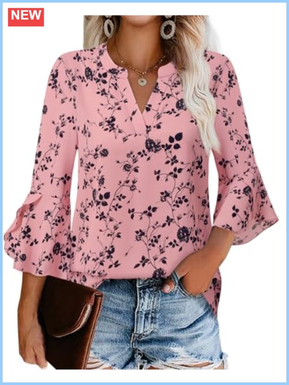 Women's Chiffon Ruffle 3/4 Bell Sleeve Split V Neck Work Blouse